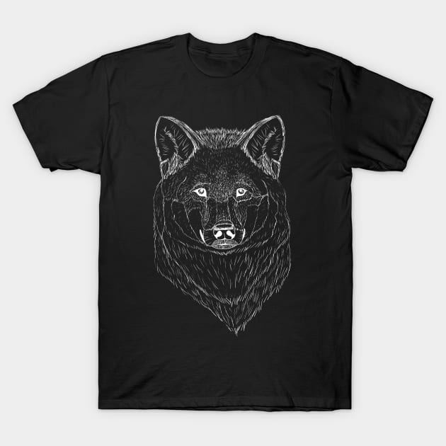 North American Gray Wolf Hand Drawn White Ink Negative Image Inverse Endangered Species T-Shirt by Ray Wellman Art